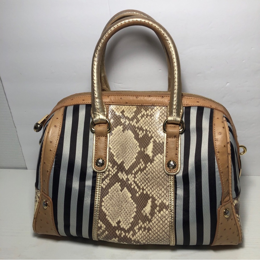 Henri Bendel Signature Stripe Barrel Handbag 712 5th Ave Snakeskin Ostrich Trim